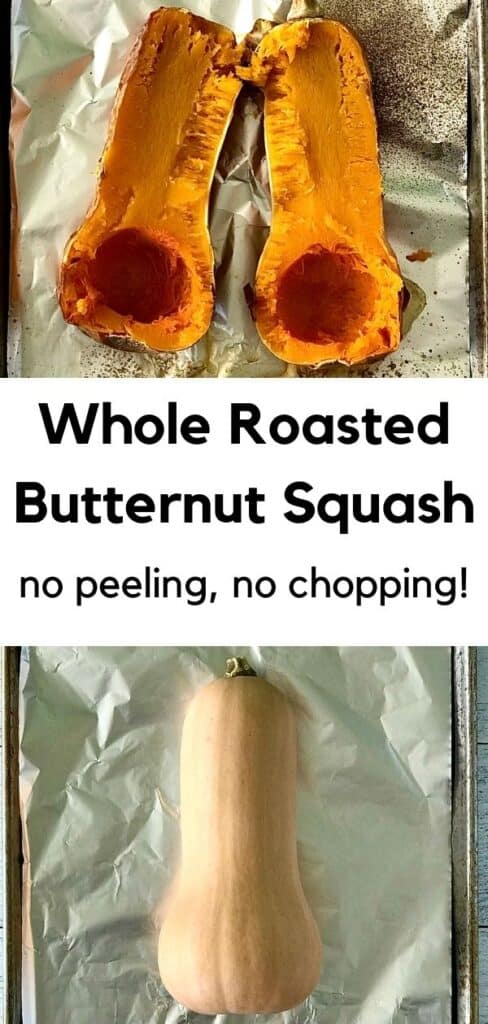 2 butternut squashes on baking sheets, one plain, one roasted and split in half and seeded