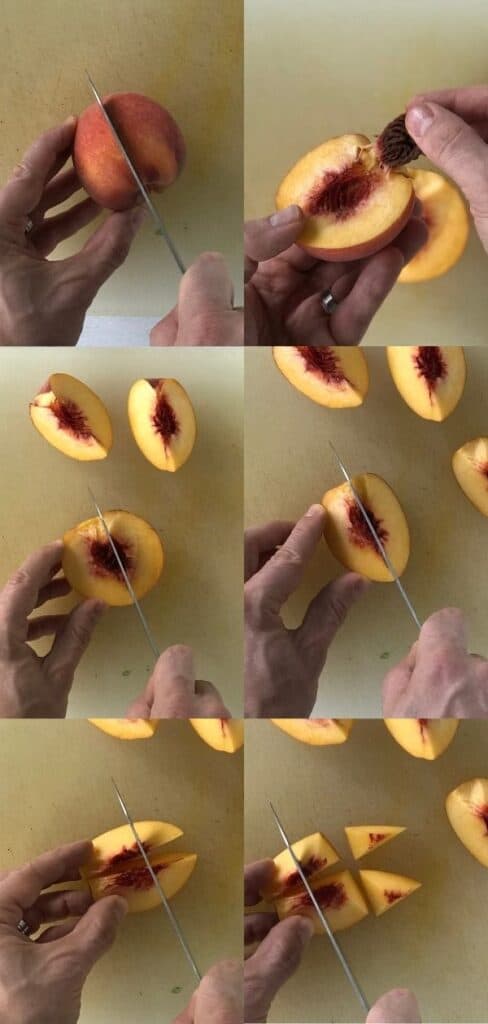 6 images showing how to cut up a peach