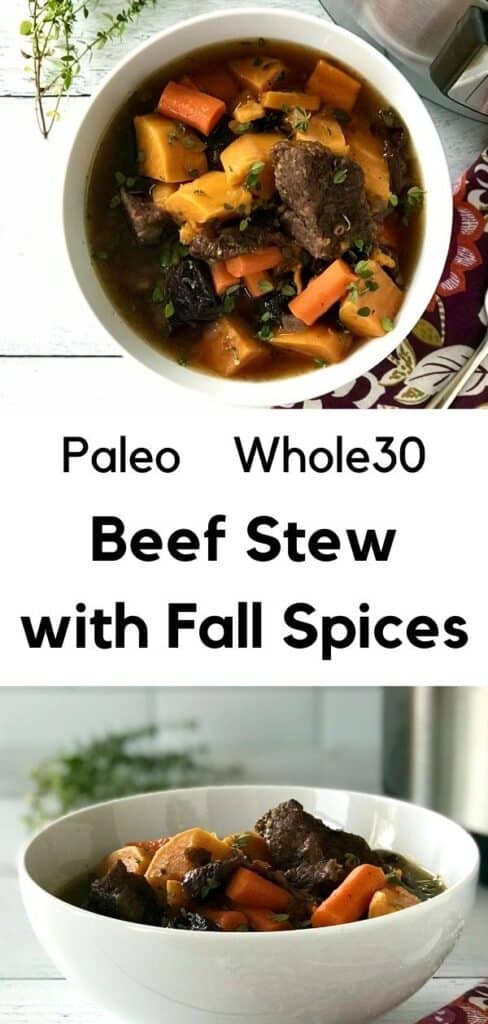 Beef Stew with Fall Spices in a white bowl next to an Instant Pot and a sprig of fresh thyme