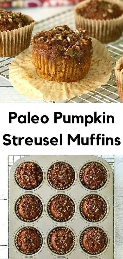 Paleo Pumpkin Streusel Muffins in muffin cups in a muffin pan and sitting on a cooling rack