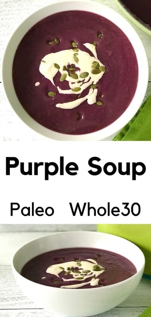 Purple Soup in a white bowl drizzles with a white cream and pumpkin seeds