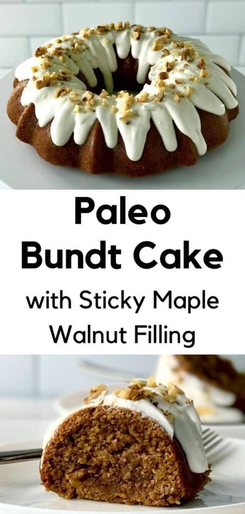 Maple Walnut Paleo Bundt Cake on a cake stand and a slice on a plate with a fork