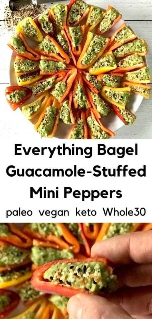Everything Bagel Guacamole-Stuffed Mini Peppers arranged on a white plate and a hand holding up one of the peppers