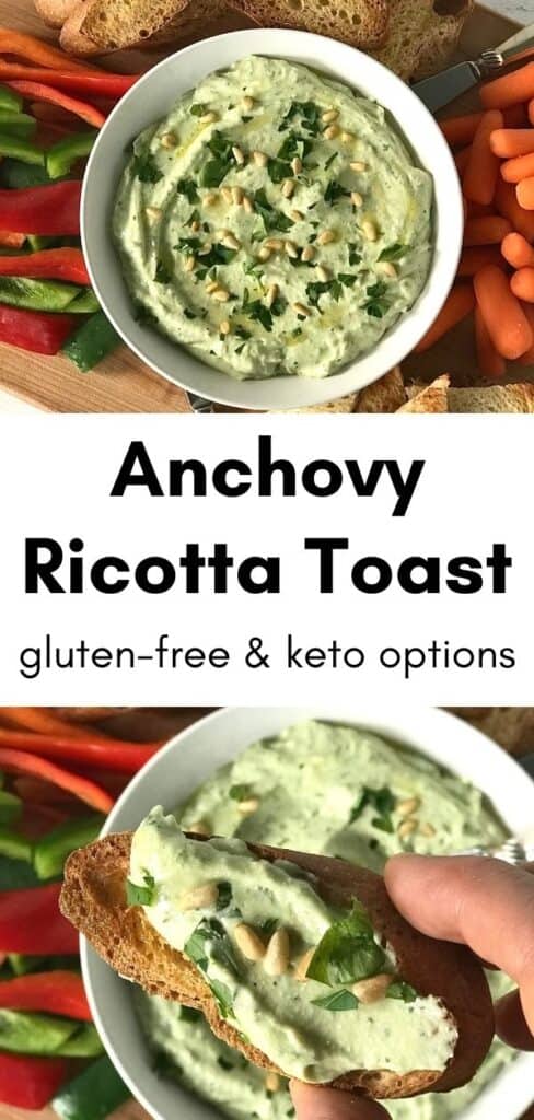 2 images of Anchovy Ricotta Toast in a white bowl, plus a hand holding a baguette slice with the anchovy ricotta dip spread on top