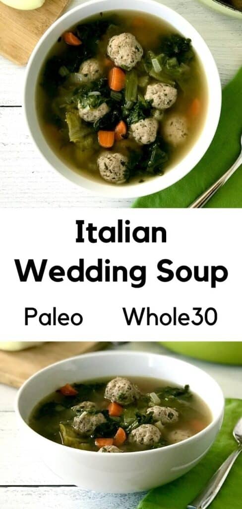 Italian Wedding Soup in white bowls on a white wooden table next to a green napkin with a spoon on it