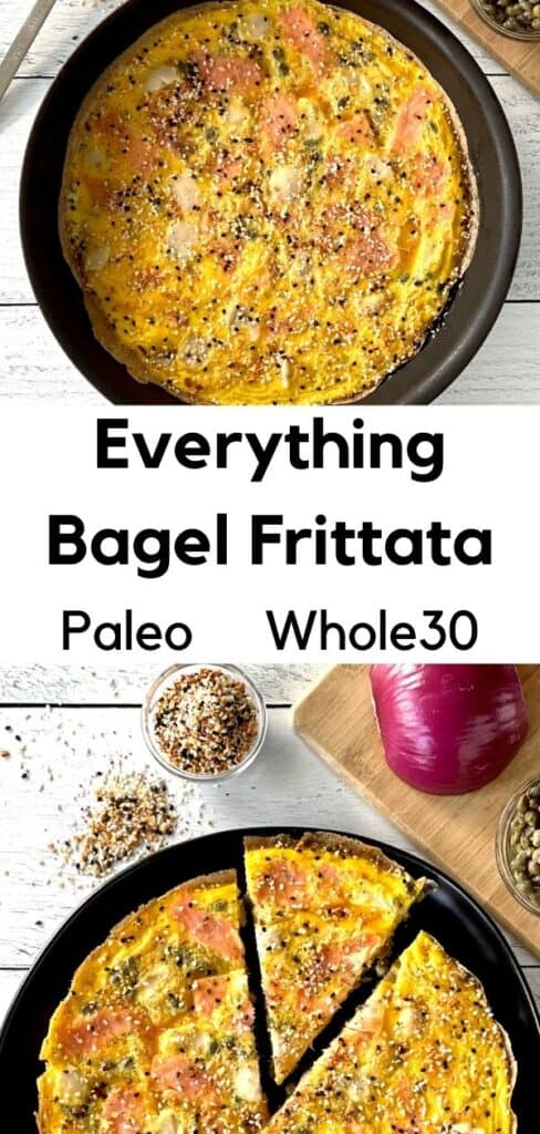 Everything Bagel Frittata in a skillet and on a black plate next to a bowl of everything bagel spice mix and a cutting board with a bowl of capers and a half red onion on it