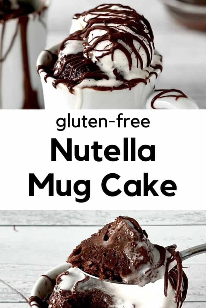Gluten-Free Nutella Mug Cake in a white mug topped with vanilla ice cream and drizzles of Nutella