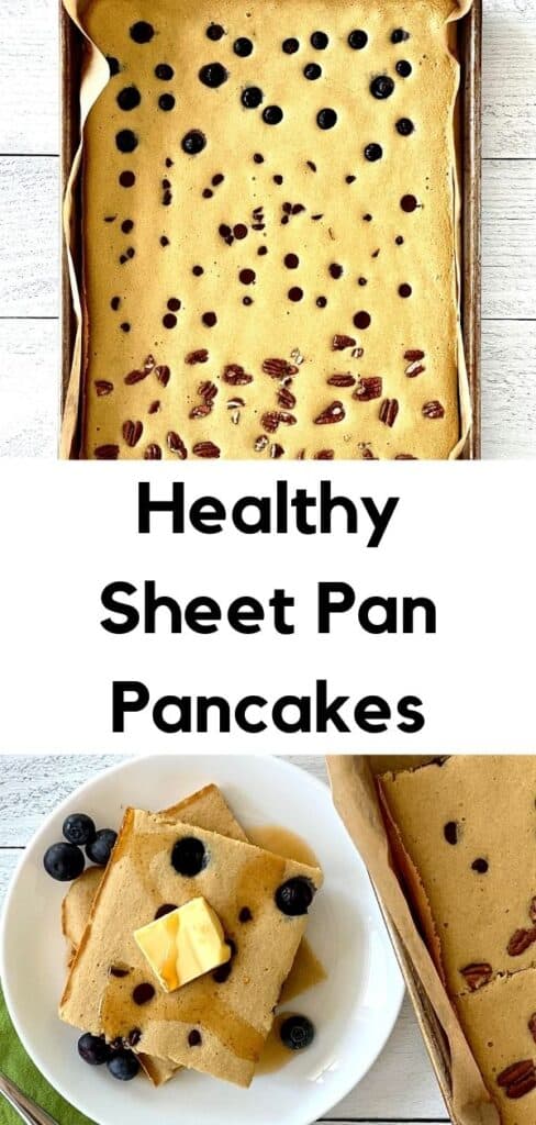 Paleo Sheet Pan Pancakes in a parchment-lined baking sheet topped with blueberries, chocolate chips and pecans, and 2 square slices on a white plate topped with butter and maple syrup