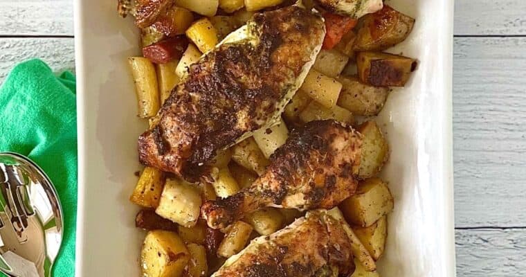Pesto Roast Chicken with Potatoes and Carrots