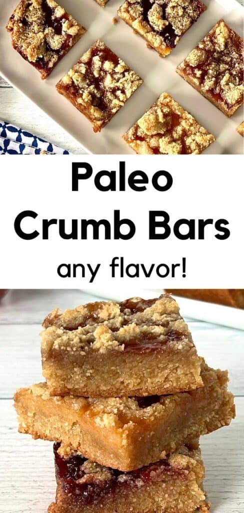 3 different flavors of Paleo Crumb Bars stacked on top of each other, plus the bars spread out on a rectangular white platter with one bar on a blue patterned napkin