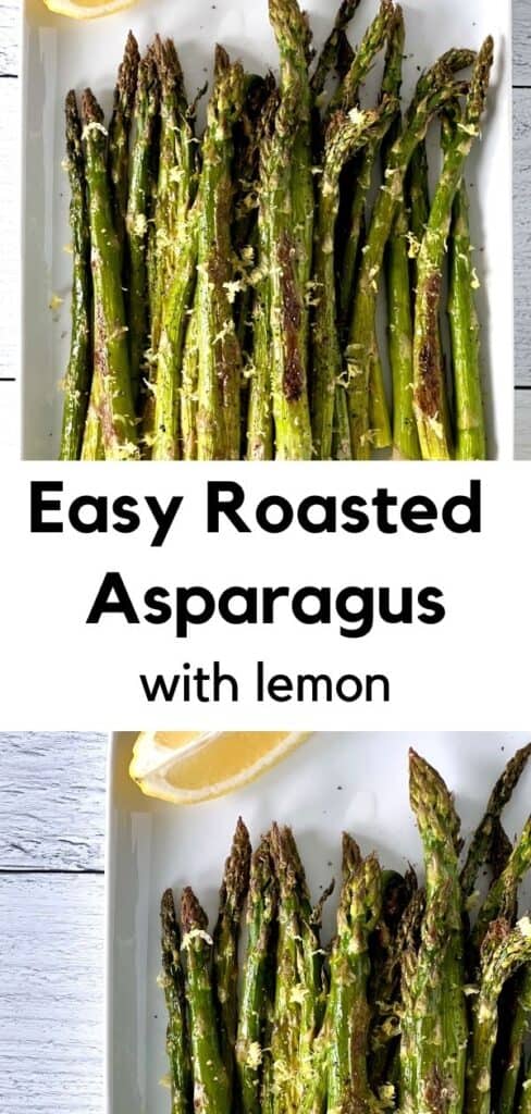roasted asparagus on a white platter sprinkled with lemon zest and a lemon wedge sitting in the corner
