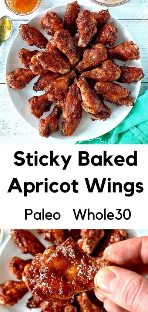 Sticky Baked Apricot Wings (Paleo, Whole30) arranged on a white platter and a hand holding one up