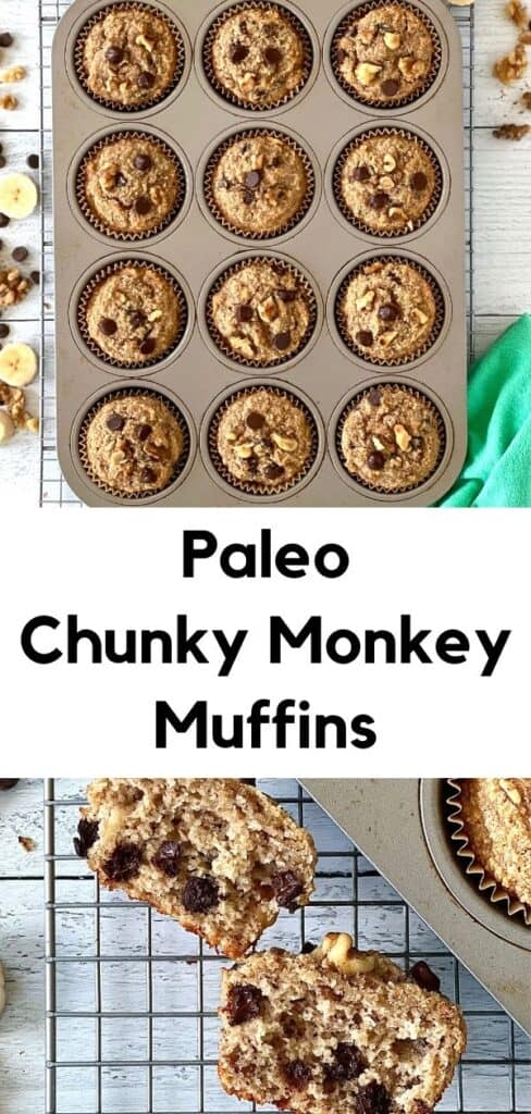 Paleo Chunky Monkey Muffins in muffin cups in a muffin pan and one muffin split in half on a cooling rack