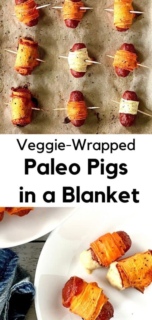 2 images of Veggie-Wrapped Pigs in a Blanket, one where they're on a parchment-lined baking sheet and one where 3 are dipped in mustard of ketchup and on a white plate