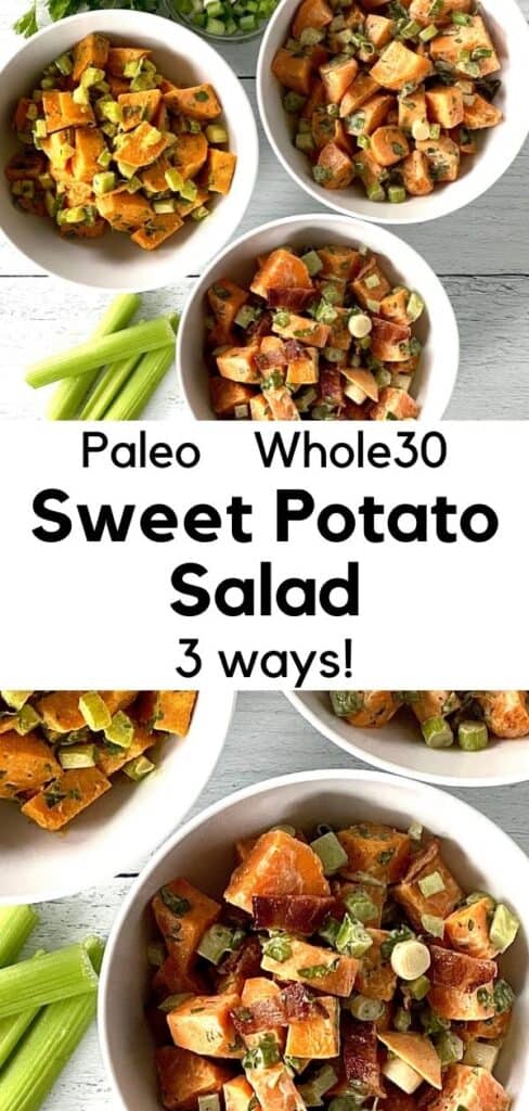 paleo sweet potato salad in 3 white bowls on a white wooden table next to celery stalks, parsley and a bowl of sliced scallions
