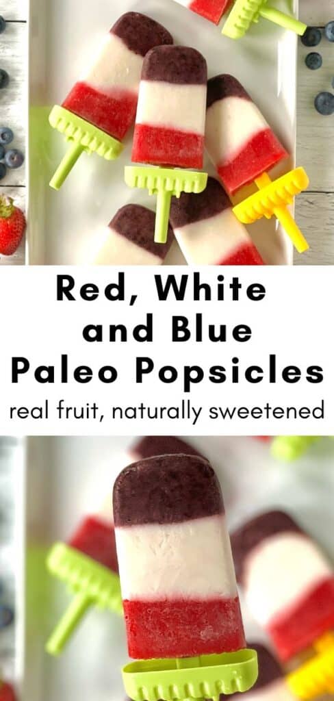 Red, White and Blue Paleo Popsicles on a white platter and one being held up above the others