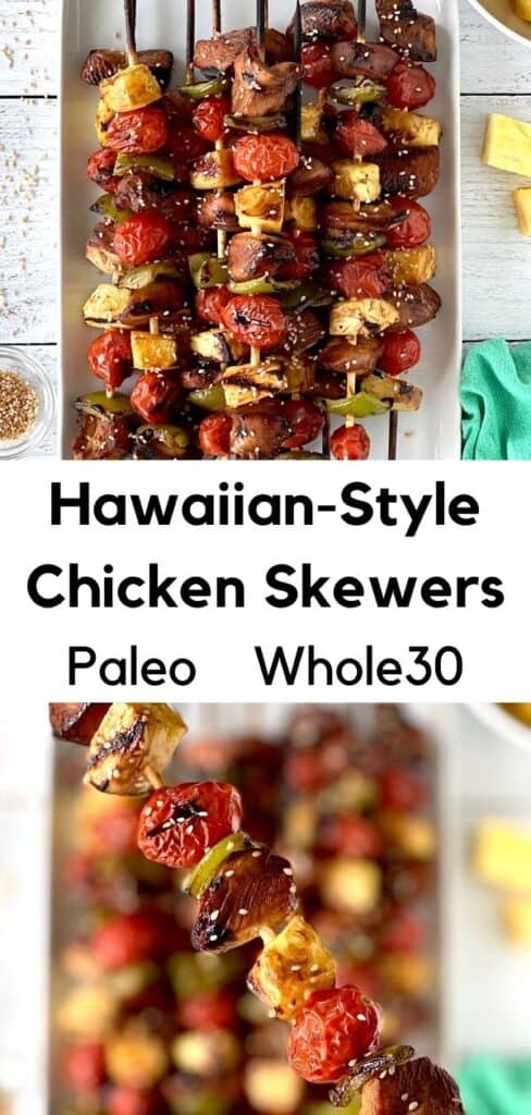 Paleo Chicken Skewers with peppers, cherry tomatoes and pineapple on a white platter and one skewer held up above the others