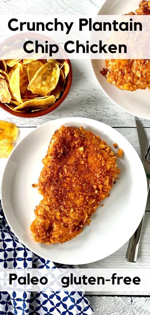 Crunchy Plantain Chip Chicken on a white plate next to a blue patterned napkin, silverware and a bowl of plantain chips
