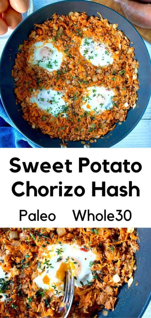 Sweet Potato Chorizo Hash in a large skillet and a closeup with a fork cutting into one of the eggs