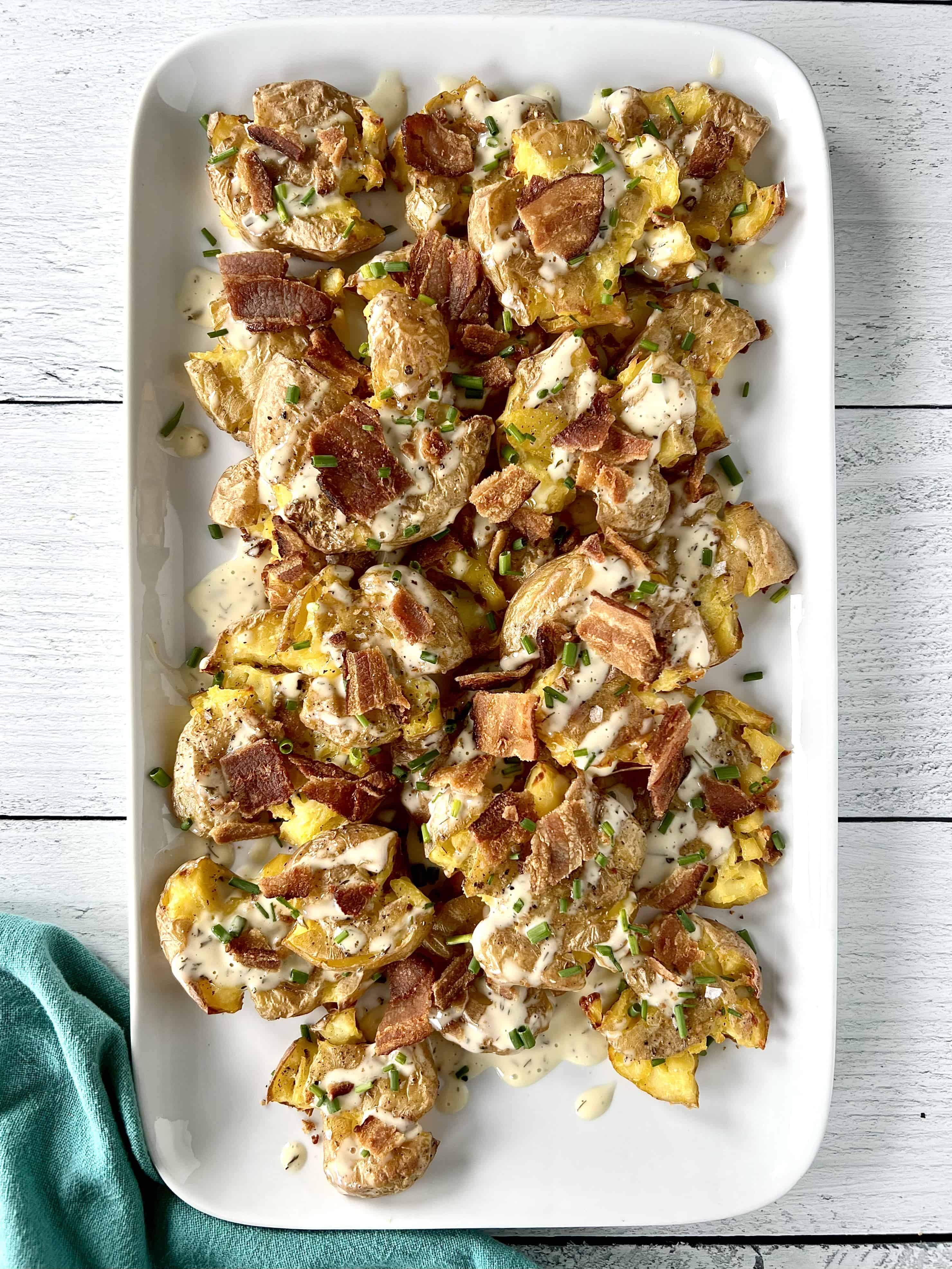 Crispy Smashed Potatoes with Bacon Vinaigrette. - Half Baked Harvest