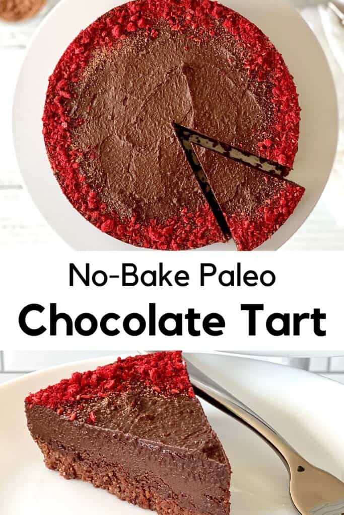 No-Bake Paleo Chocolate Tart on a white cake stand with one slice partially removed, and also a slice on a white plate with a fork