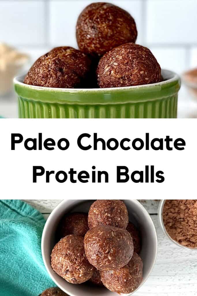 Paleo Chocolate Protein Balls piled into a small bowl on a white wooden table
