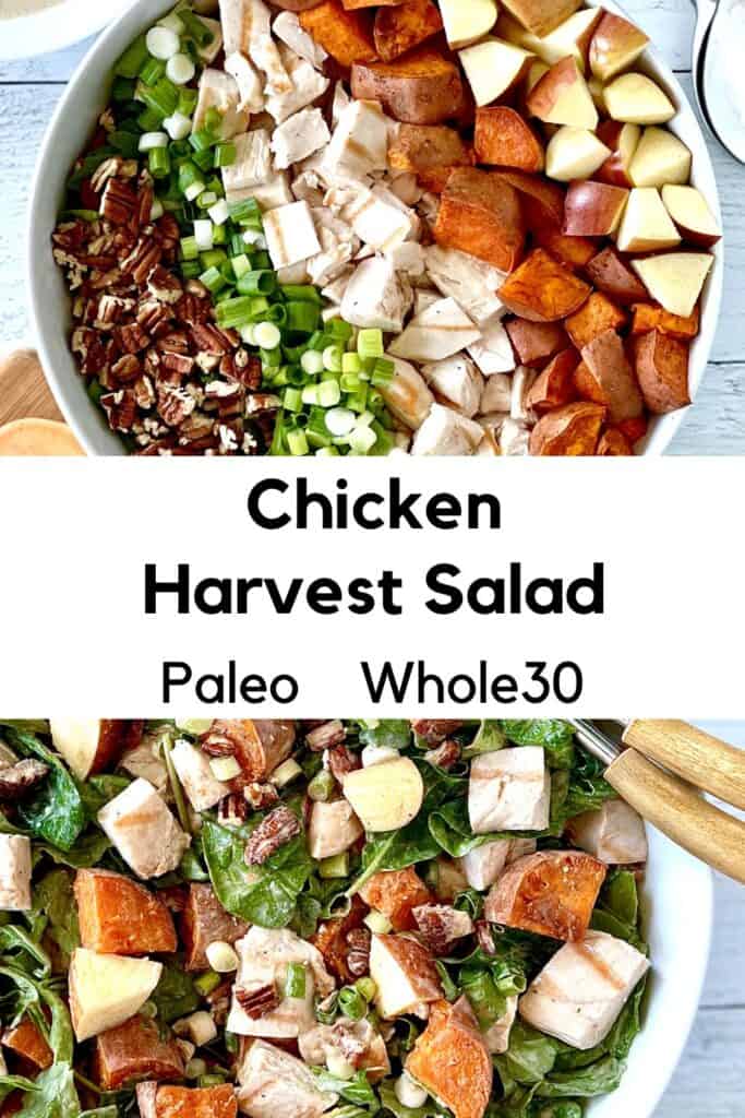 Chicken Harvest Salad in a big white bowl with wooden salad tongs
