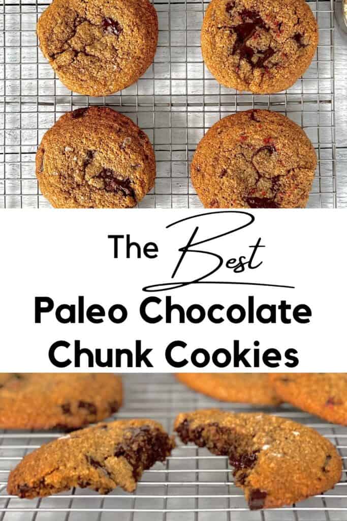 Paleo Chocolate Chunk Cookies on a cooling rack, with one split in half