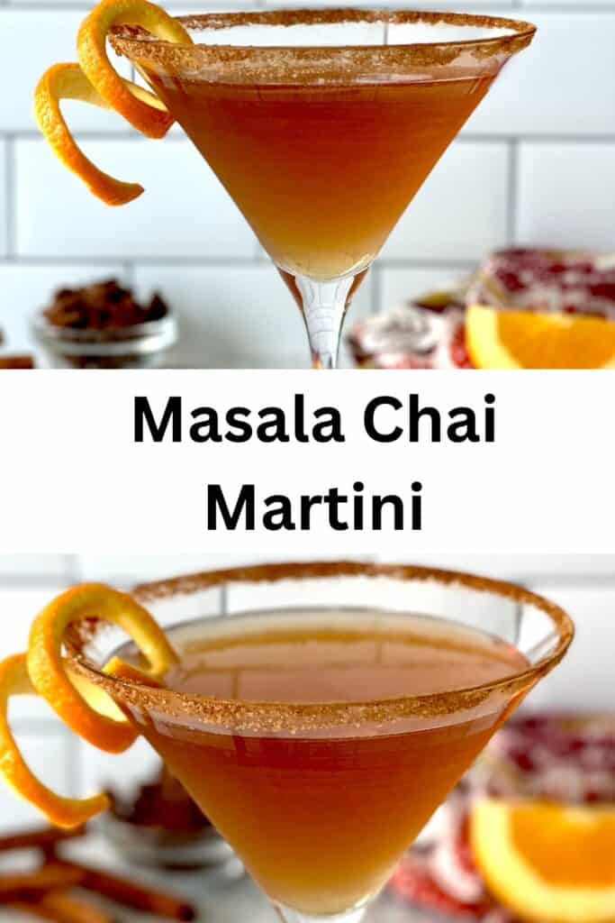 Masala Chai Martini in a martini glass with a cinnamon sugar rim and an orange peel twist hanging on the rim