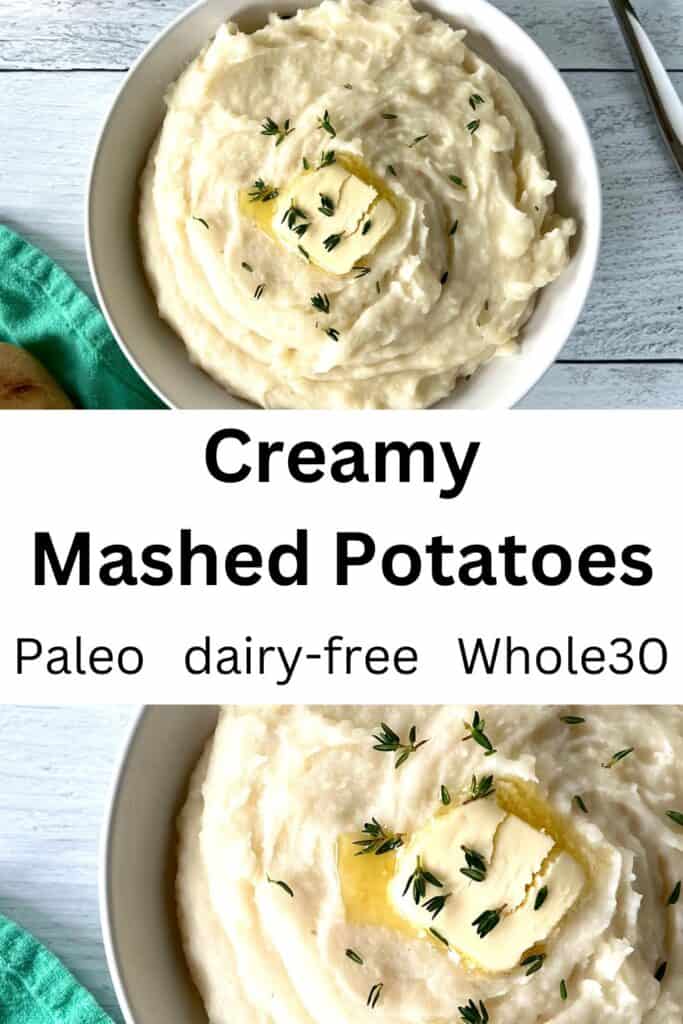 Paleo Mashed Potatoes in a white bowl topped with ghee and fresh thyme