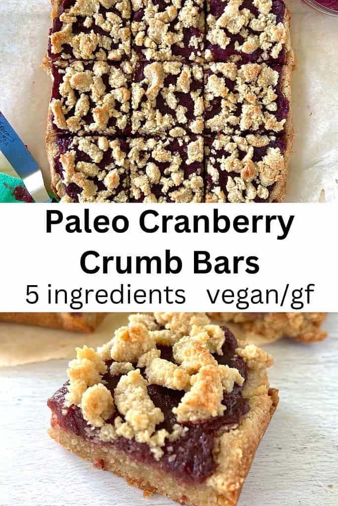 Paleo Cranberry Bars on parchment paper and a side angle of the bars on a white wooden table