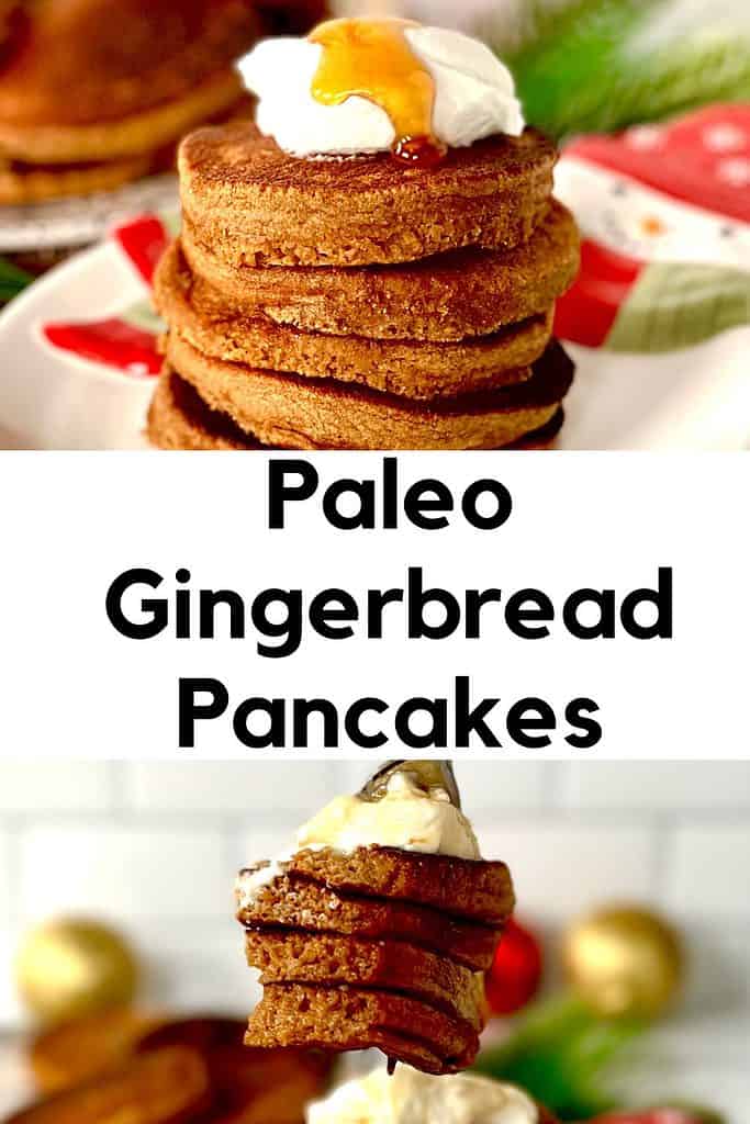 Paleo Gingerbread Pancakes stacked on top of each other and a fork holding up a stack of 4 layers with yogurt on top