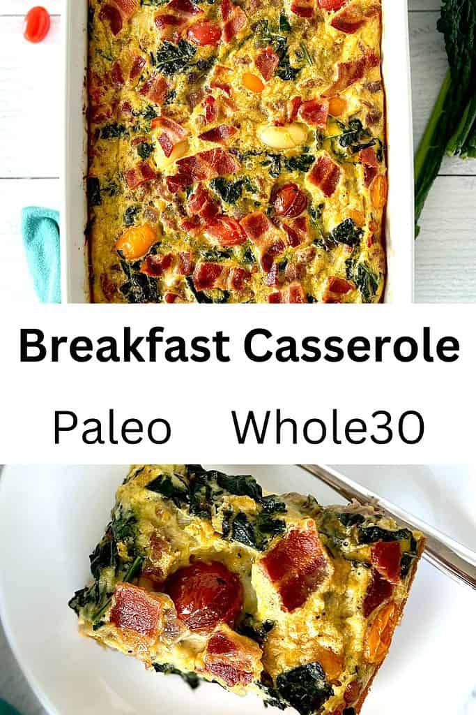 Paleo Breakfast Casserole in a long white rectangular baking dish and a rectangular slice on a white plate