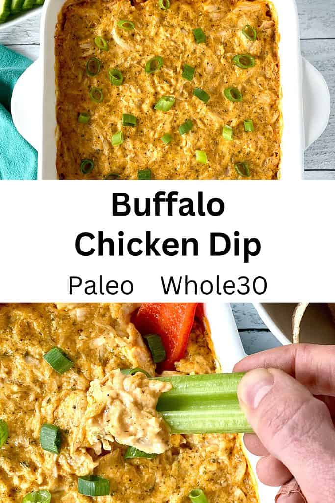 Paleo Buffalo Chicken Dip in a white square baking dish and a hand using a celery stalk to scoop up the dip