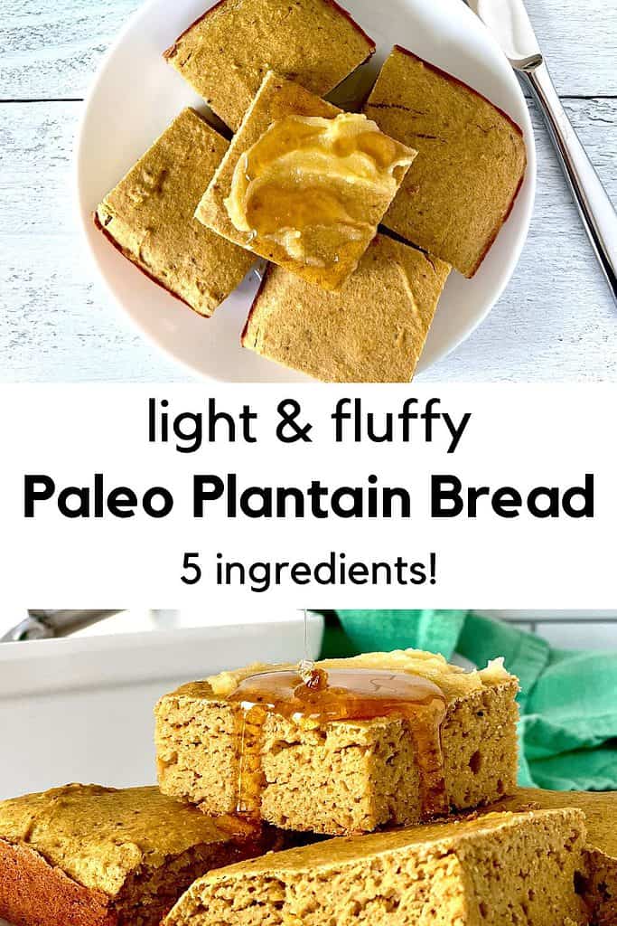 Paleo Plantain Bread stacked on a plate and smeared with butter and drizzled with honey