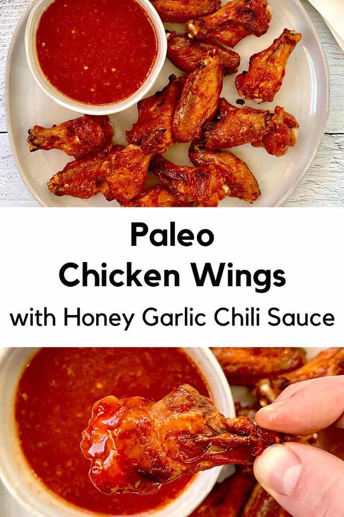 Paleo Chicken Wings glazed in a Honey Garlic Chili Sauce with more sauce in a bowl