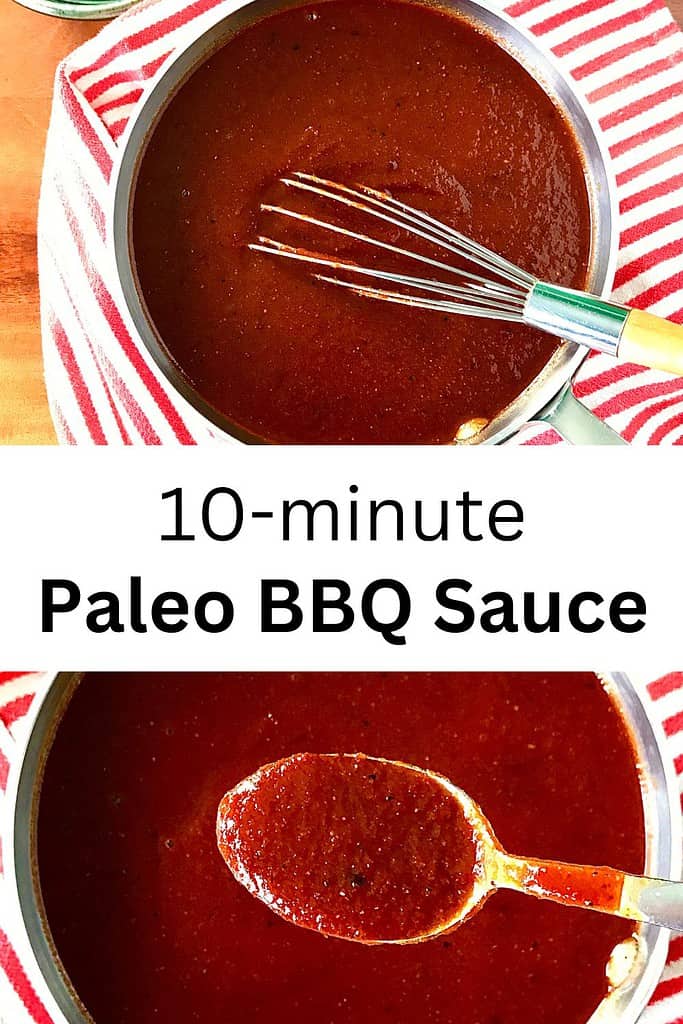 Paleo BBQ Sauce in 2 small pots, one with a whisk in it and one with a spoon over it holding some sauce.