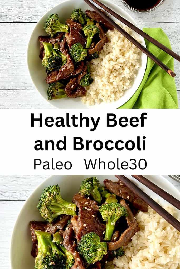 Paleo Beef and Broccoli in a white bowl with cauliflower rice and chopsticks.