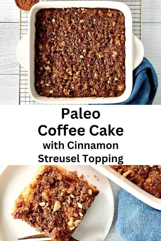 Paleo Coffee Cake with Cinnamon Streusel Topping in a white square baking dish on a cooling rack next to small bowls of walnuts and cinnamon.