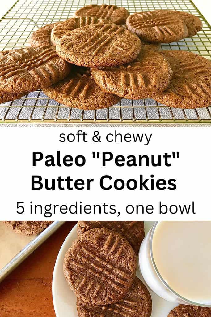 Paleo Peanut Butter Cookies on a cooling rack and on a plate with a glass of milk.