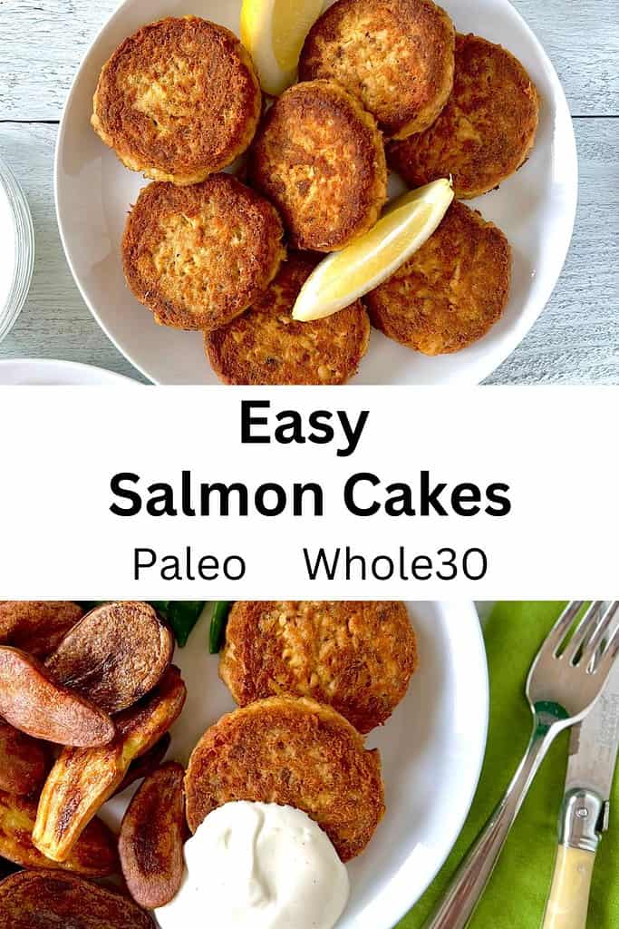 Gluten-free salmon cakes on a white plate with lemon wedges and 2 salmon cakes on a plate with a dollop of lemon aioli and roasted potatoes.