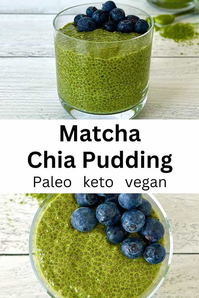 Matcha chia pudding in a glass topped with blueberries.