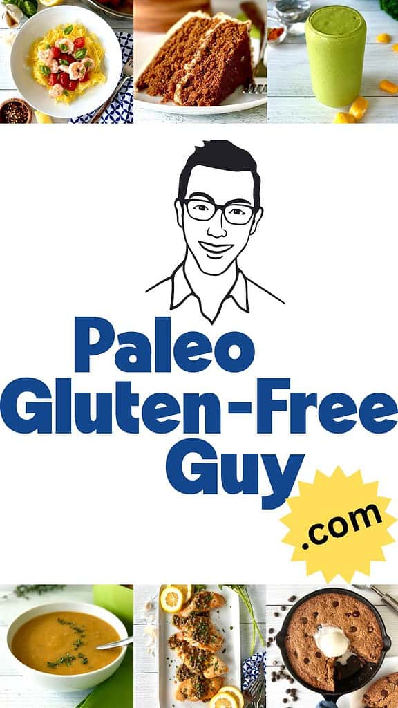 Text saying "Paleo Gluten Free Guy" with an illustration of a main with dark hair and glasses, surrounded by photos of food like soup, chicken, shrimp, carrot cake, a green smoothie and a skillet cookie.