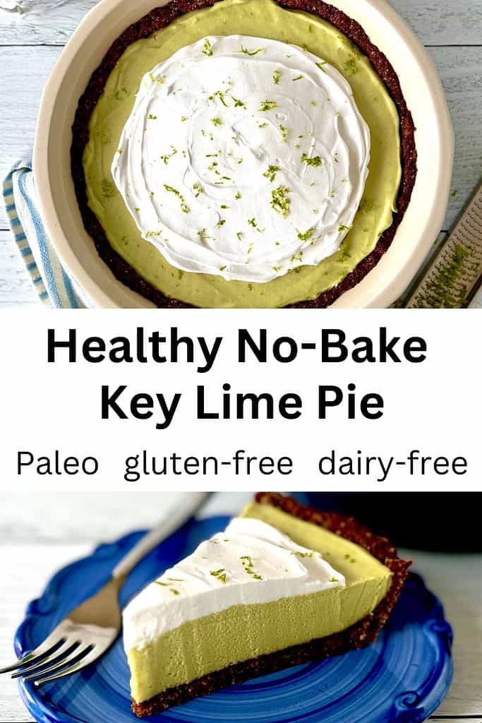 A slice of Healthy Key Lime Pie on a blue-swirled plate with a fork in front of a pie dish with more pie in it.