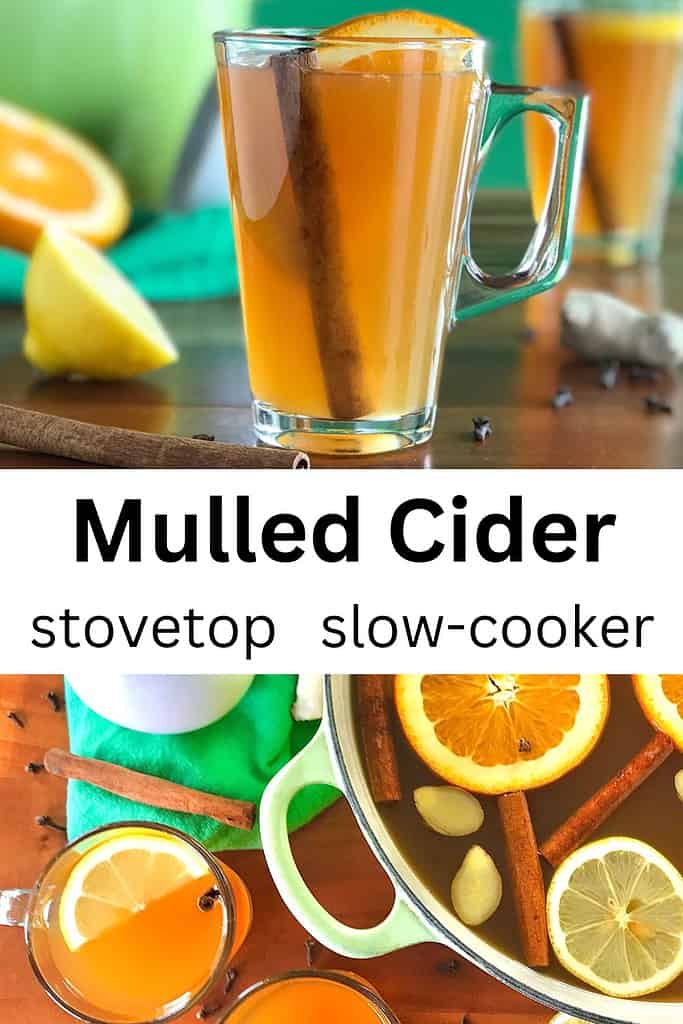 Mulled Cider in a glass mug and in a large pot next to more glass mugs, a green napkin and white ladle.