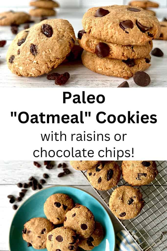 Paleo "Oatmeal" Cookies with raisins or chocolate chips in them, on a white wooden table, on a blue plate and on a cooling rack.