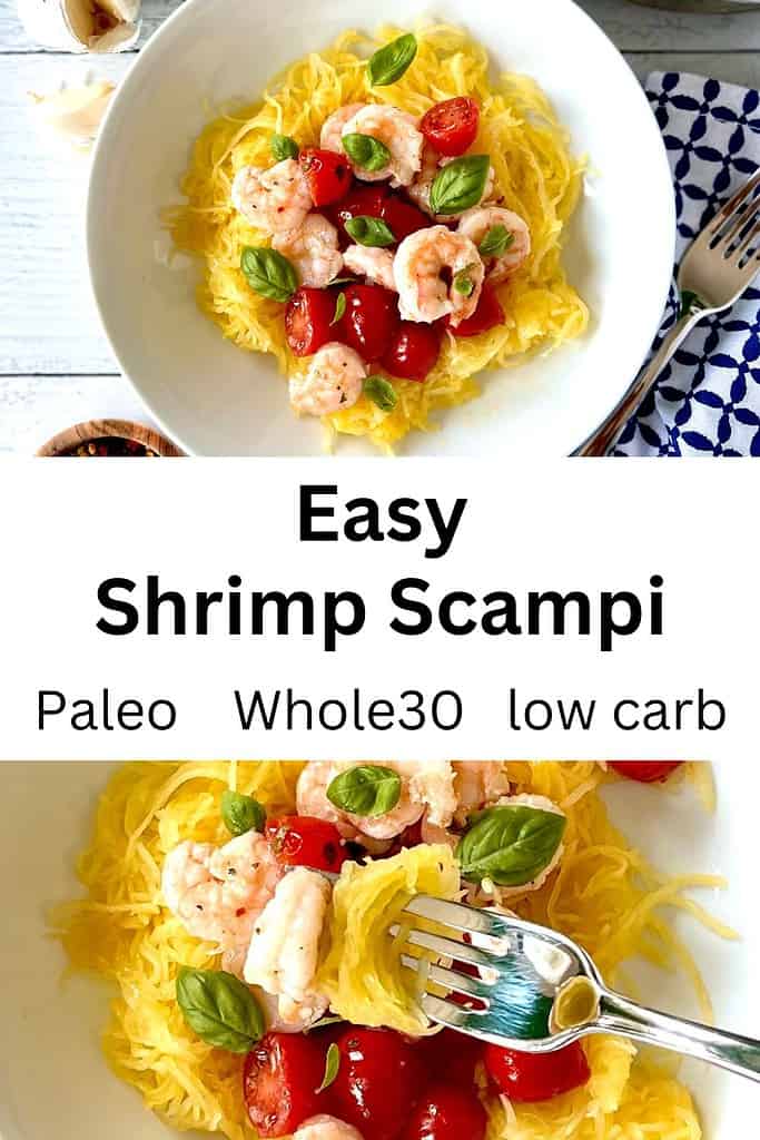 Paleo Shrimp Scampi with spaghetti squash and cherry tomatoes in a white bowl, with a fork twirling some squash and shrimp.