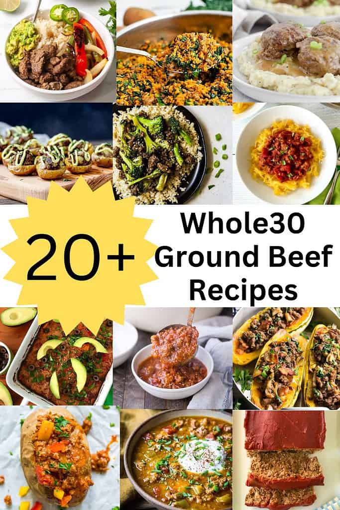 A grid of photos of Whole30 ground beef recipes.