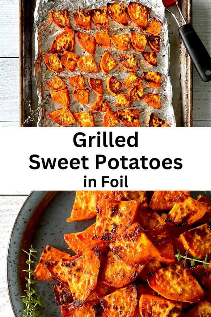 Grilled Sweet Potato Slices lined up on foil and on a blue plate.