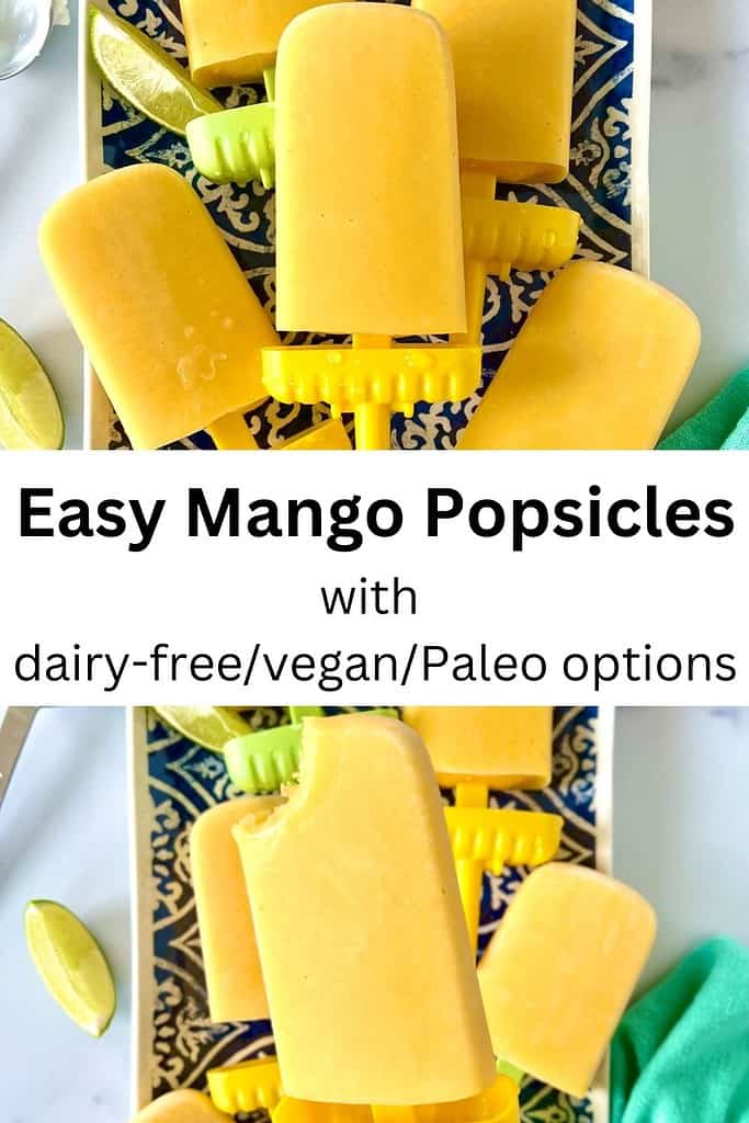 Mango Popsicles on a blue and white patterned platter with lime wedges.